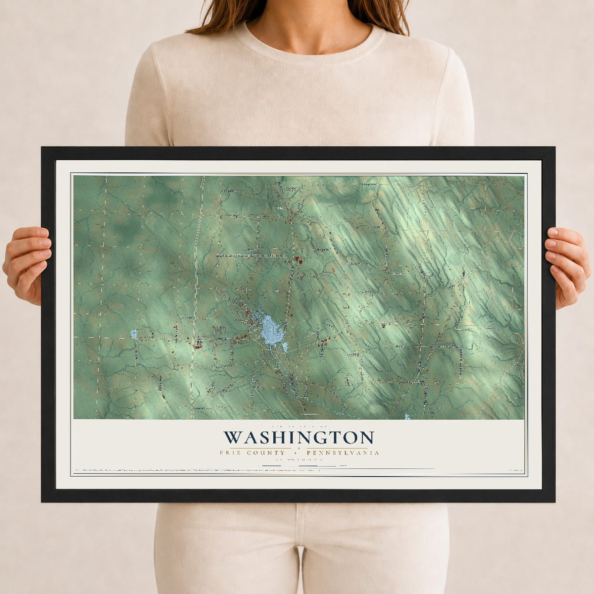Map of Washington, Erie County, Pennsylvania, 12 x 18 inch print in a black wood frame