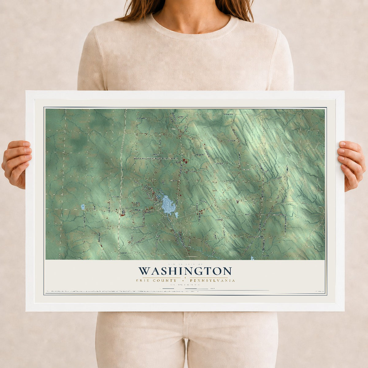 Map of Washington, Erie County, Pennsylvania, 12 x 18 inch print in a white wood frame