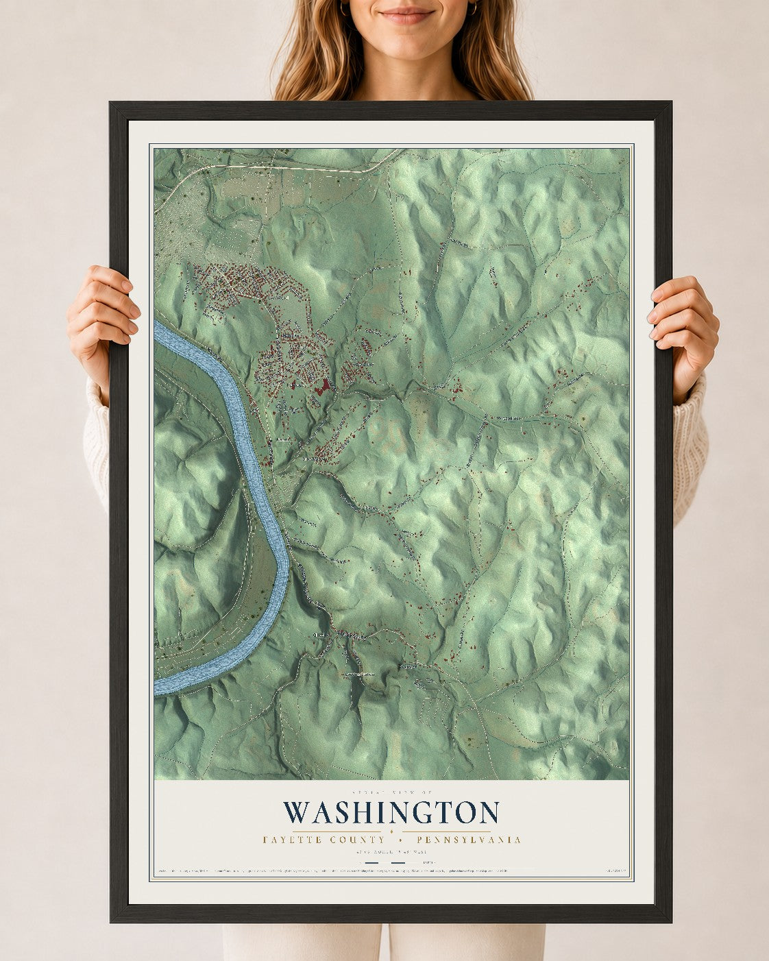 Map of Washington, Fayette County, Pennsylvania, 24 x 36 inch print in a black wood frame