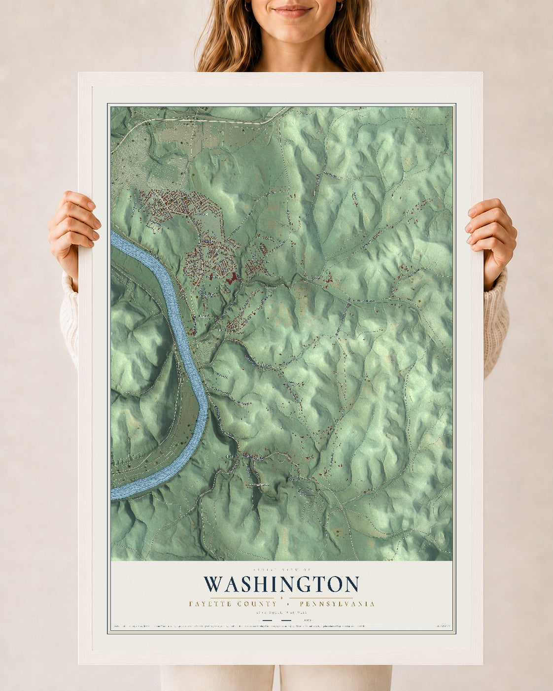 Map of Washington, Fayette County, Pennsylvania, 24 x 36 inch print in a white wood frame