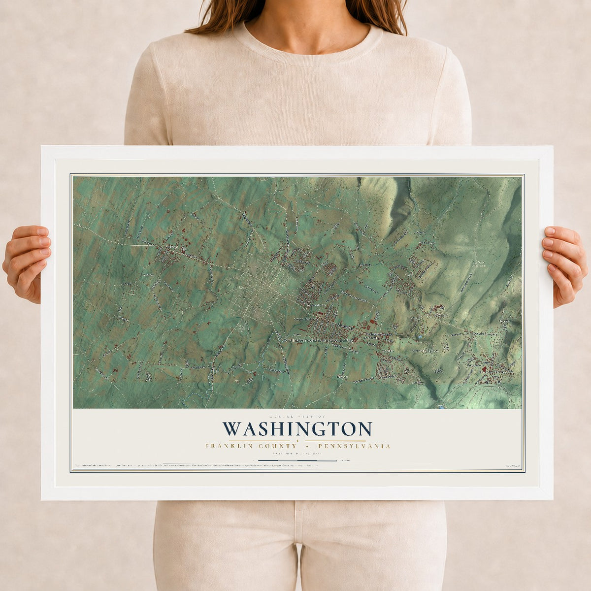 Map of Washington, Franklin County, Pennsylvania, 12 x 18 inch print in a white wood frame
