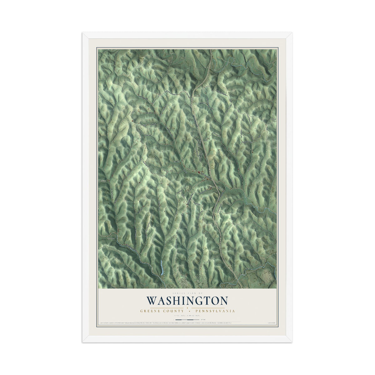 Map of Washington, Greene County, Pennsylvania, 12 x 18 inch print in a white wood frame