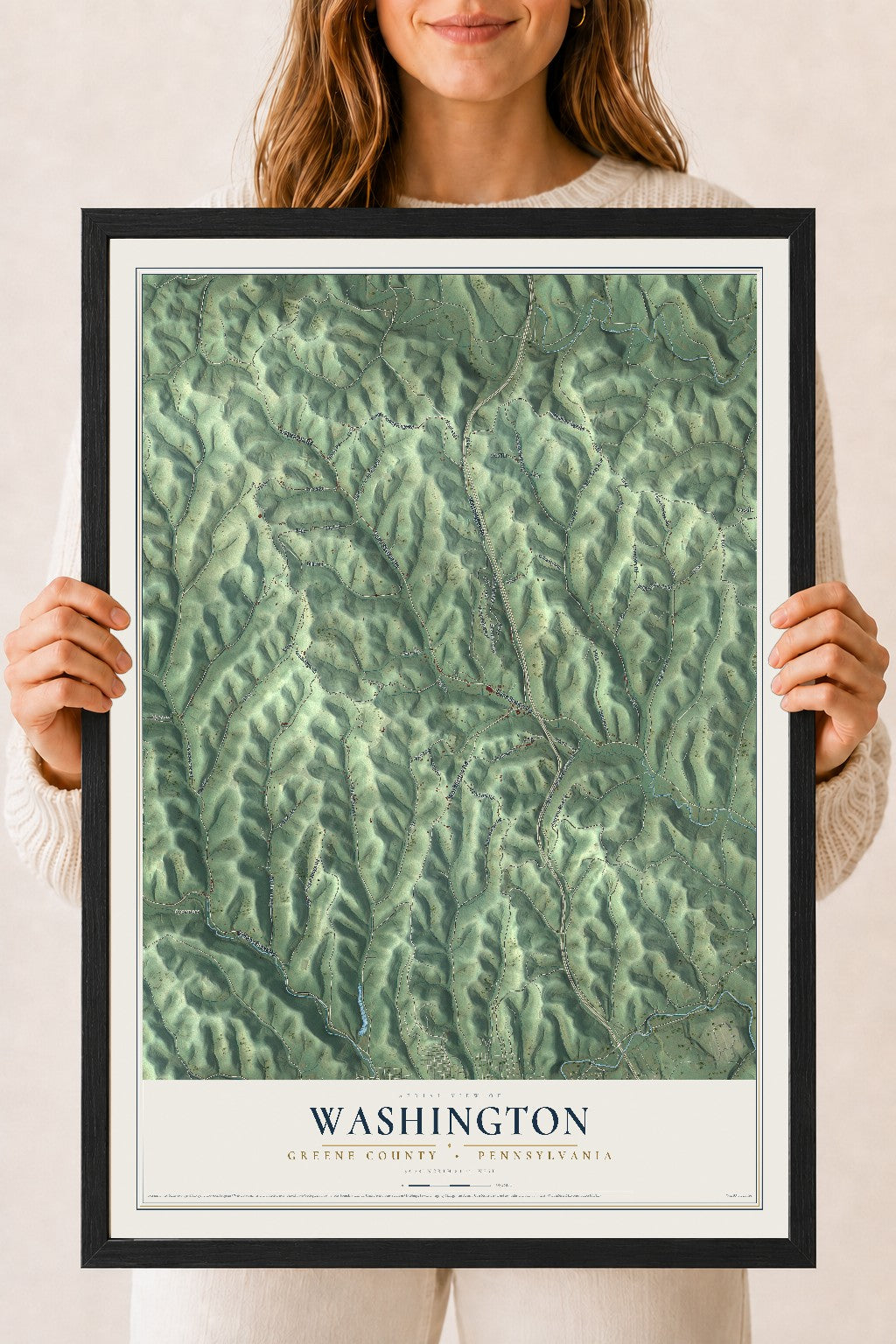 Map of Washington, Greene County, Pennsylvania, 18 x 24 inch print in a black wood frame