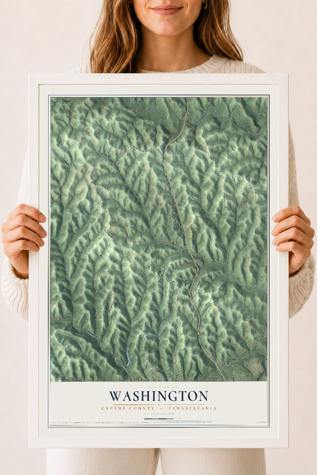 Map of Washington, Greene County, Pennsylvania, 18 x 24 inch print in a white wood frame