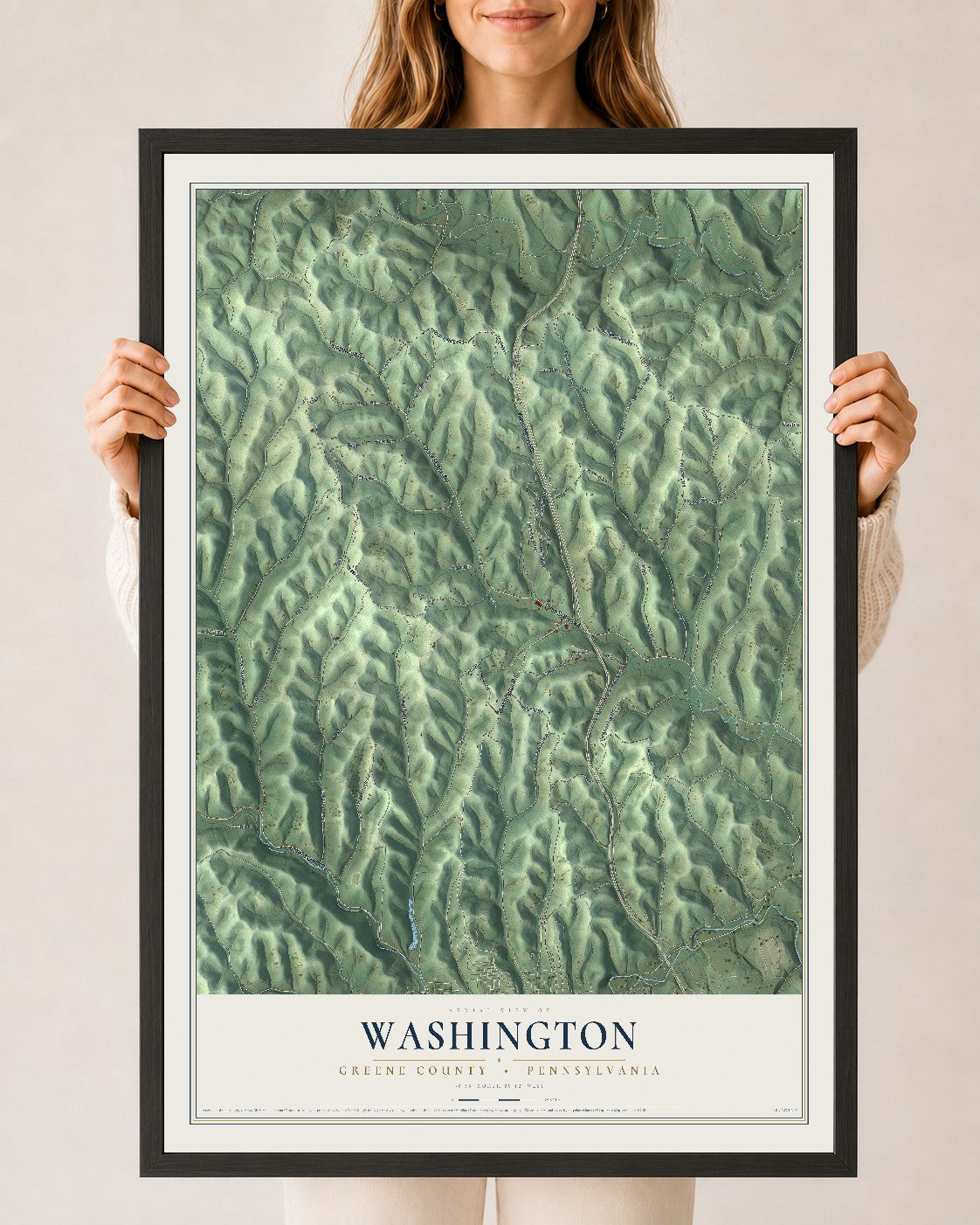 Map of Washington, Greene County, Pennsylvania, 24 x 36 inch print in a black wood frame