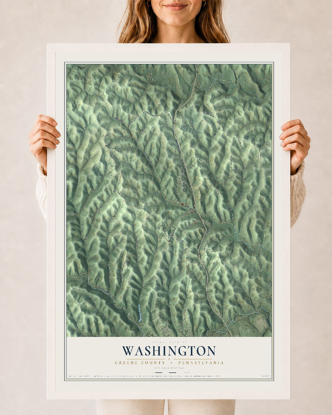 Map of Washington, Greene County, Pennsylvania, 24 x 36 inch print in a white wood frame
