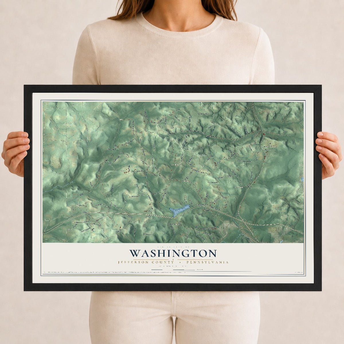 Map of Washington, Jefferson County, Pennsylvania, 12 x 18 inch print in a black wood frame