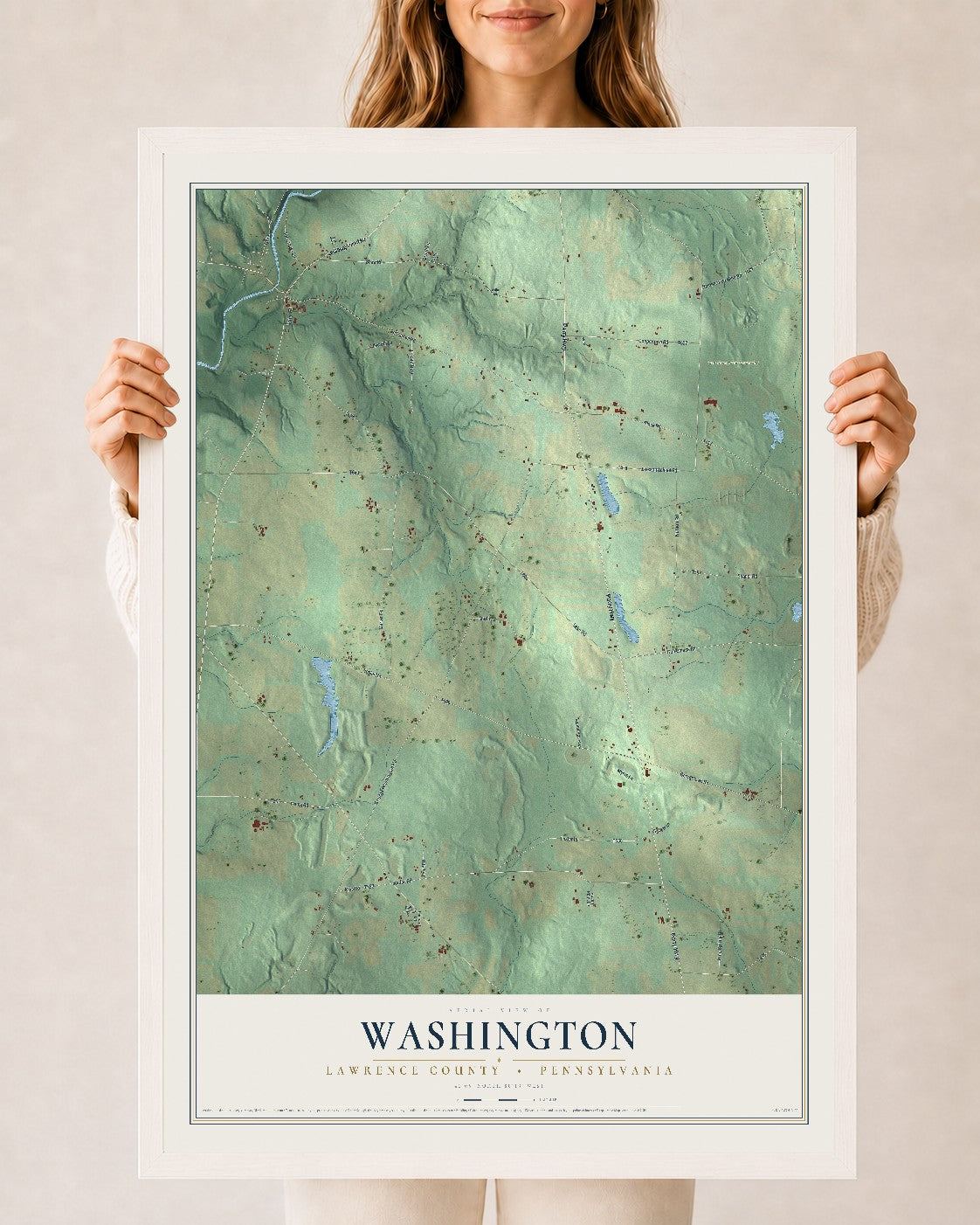 Map of Washington, Lawrence County, Pennsylvania, 24 x 36 inch print in a white wood frame