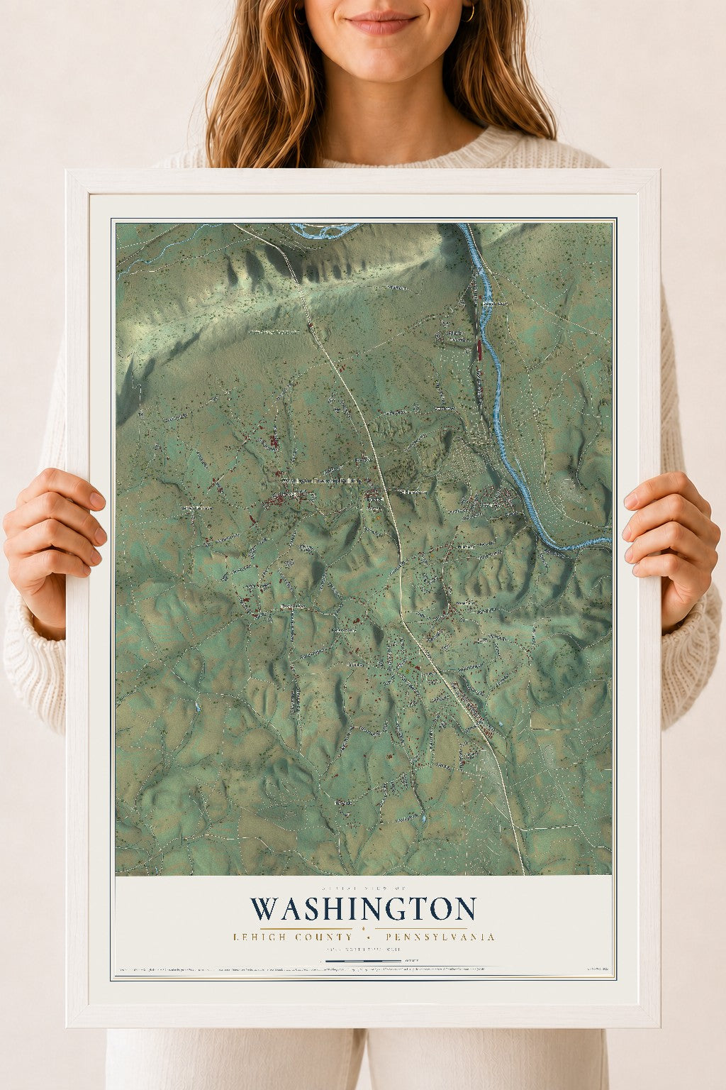 Map of Washington, Lehigh County, Pennsylvania, 18 x 24 inch print in a white wood frame