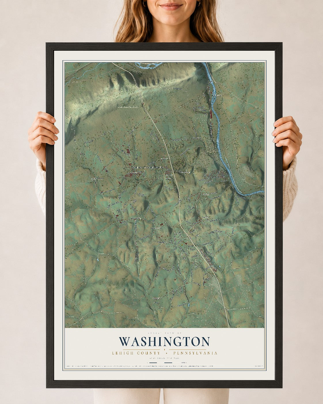 Map of Washington, Lehigh County, Pennsylvania, 24 x 36 inch print in a black wood frame