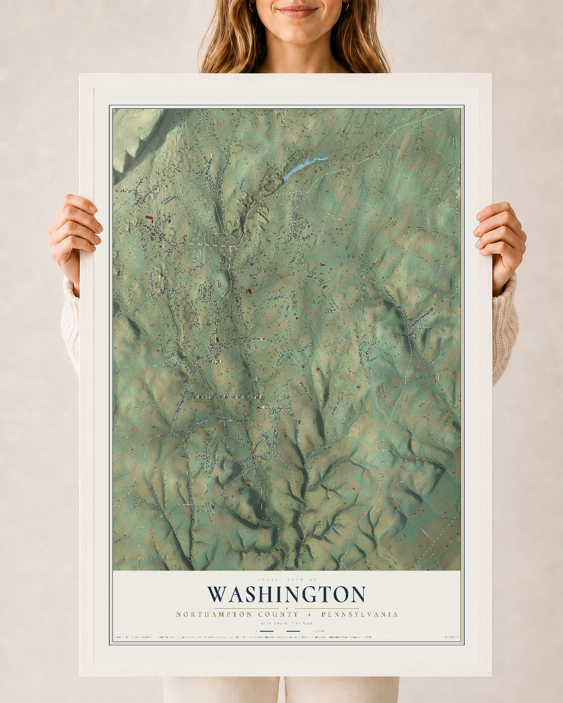 Map of Washington, Northampton County, Pennsylvania, 24 x 36 inch print in a white wood frame