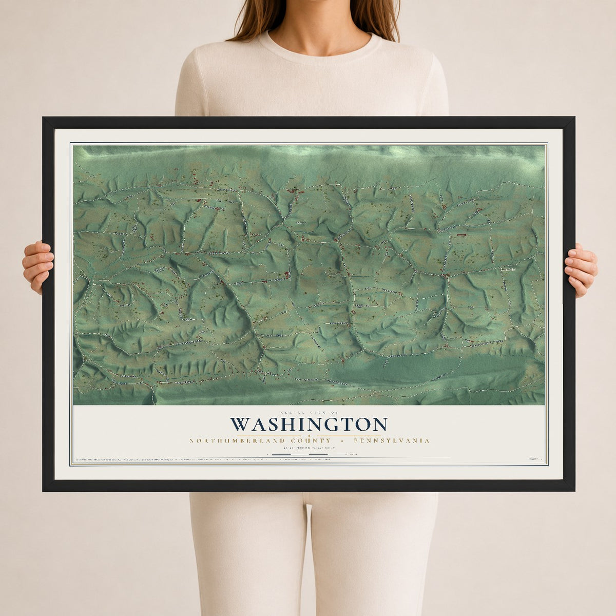 Map of Washington, Northumberland County, Pennsylvania, 24 x 36 inch print in a black wood frame