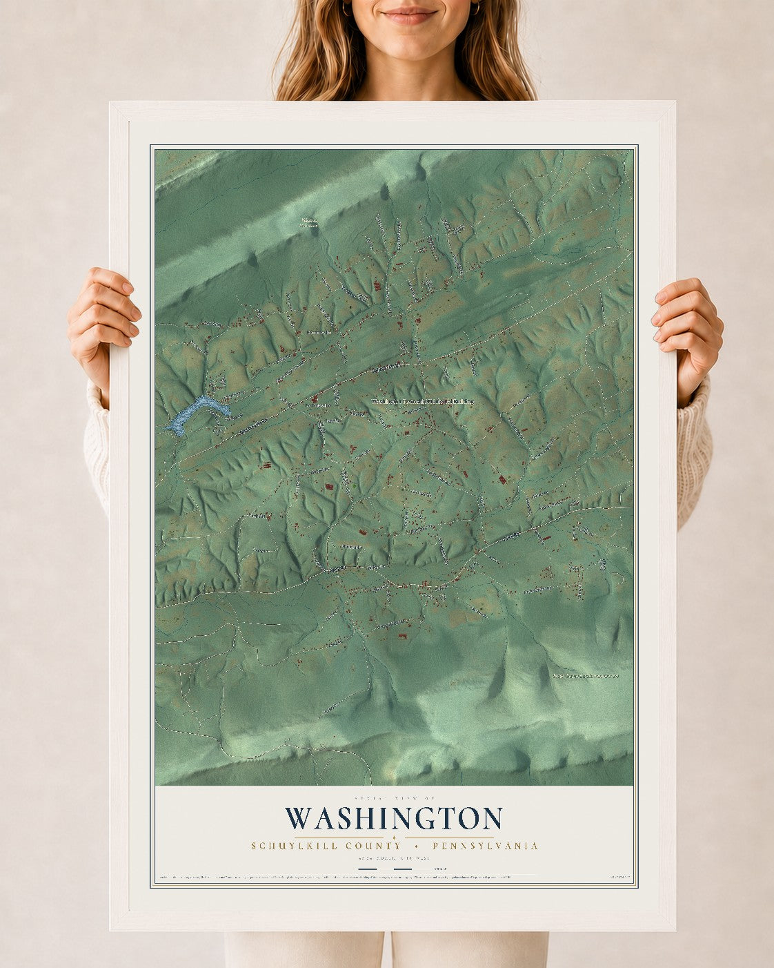 Map of Washington, Schuylkill County, Pennsylvania, 24 x 36 inch print in a white wood frame