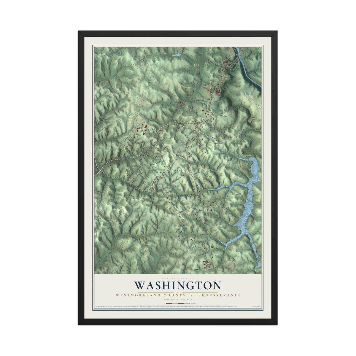 Map of Washington, Westmoreland County, Pennsylvania, 12 x 18 inch print in a black wood frame
