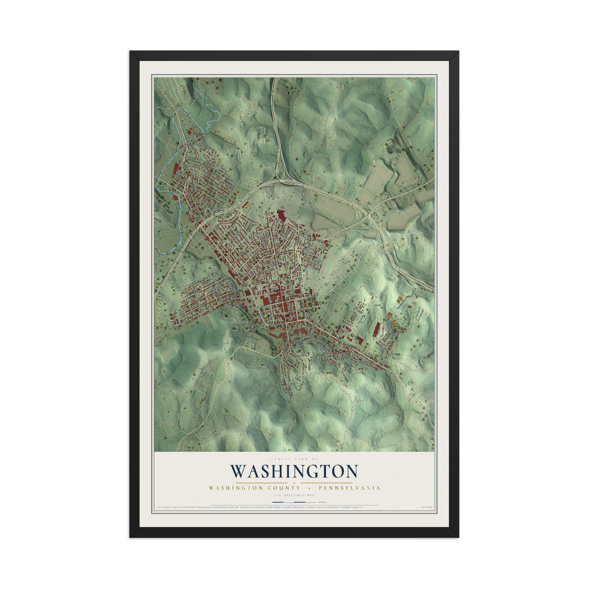 Map of Washington, Washington County, Pennsylvania, 12 x 18 inch print in a black wood frame