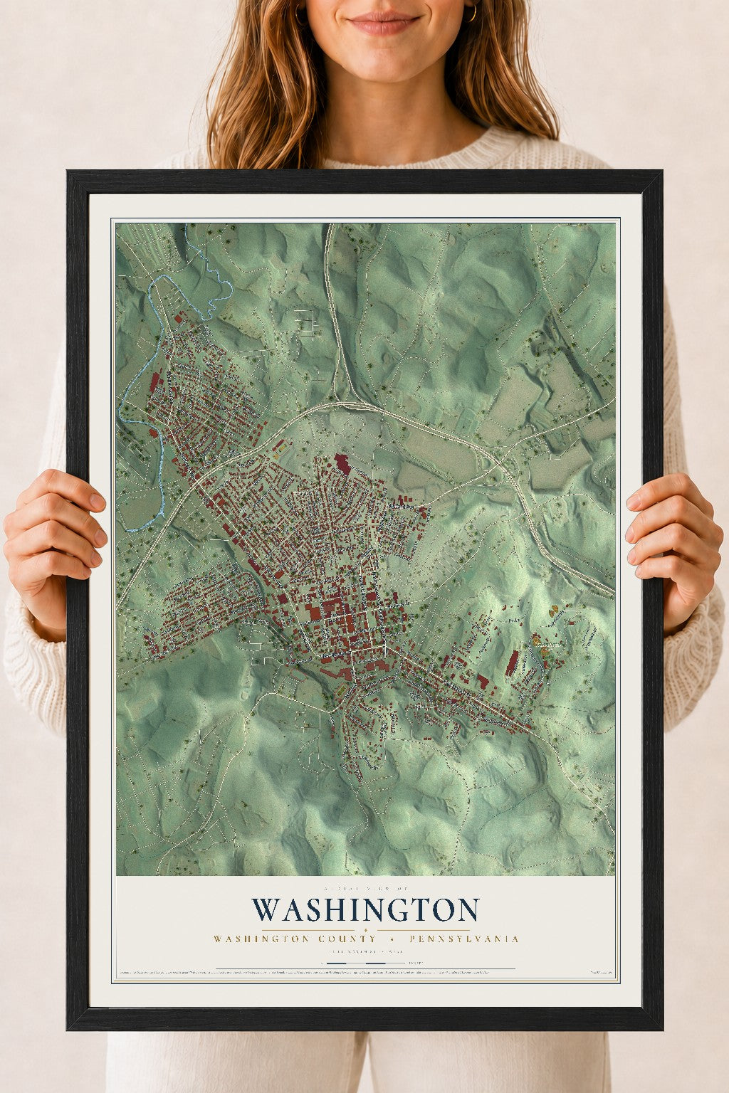 Map of Washington, Washington County, Pennsylvania, 18 x 24 inch print in a black wood frame