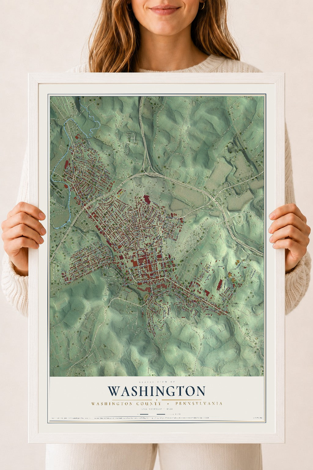 Map of Washington, Washington County, Pennsylvania, 18 x 24 inch print in a white wood frame