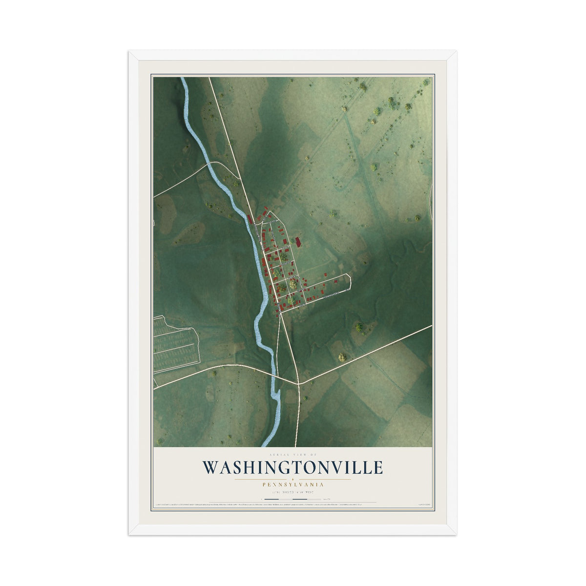 Map of Washingtonville, Pennsylvania, 12 x 18 inch print in a white wood frame