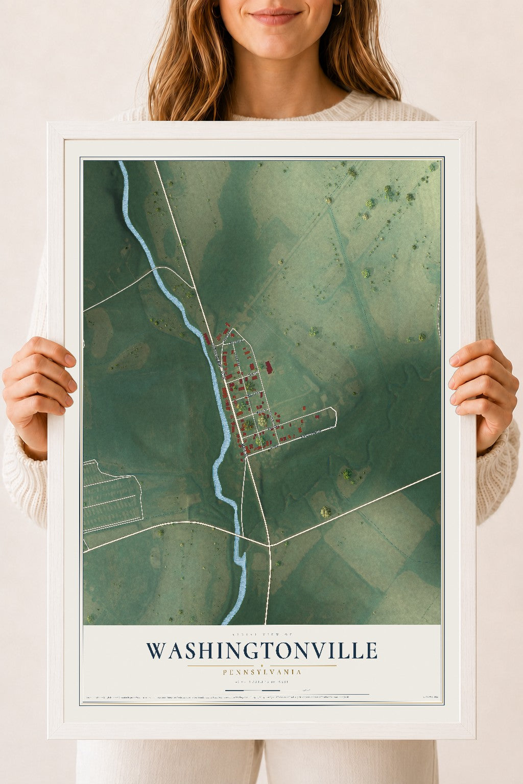 Map of Washingtonville, Pennsylvania, 18 x 24 inch print in a white wood frame