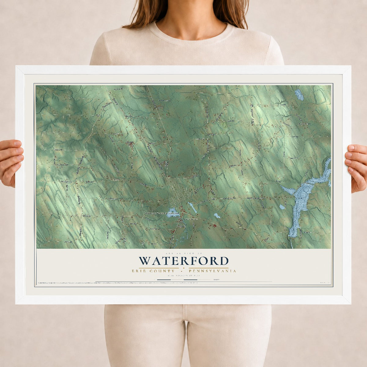 Map of Waterford, Erie County, Pennsylvania, 18 x 24 inch print in a white wood frame