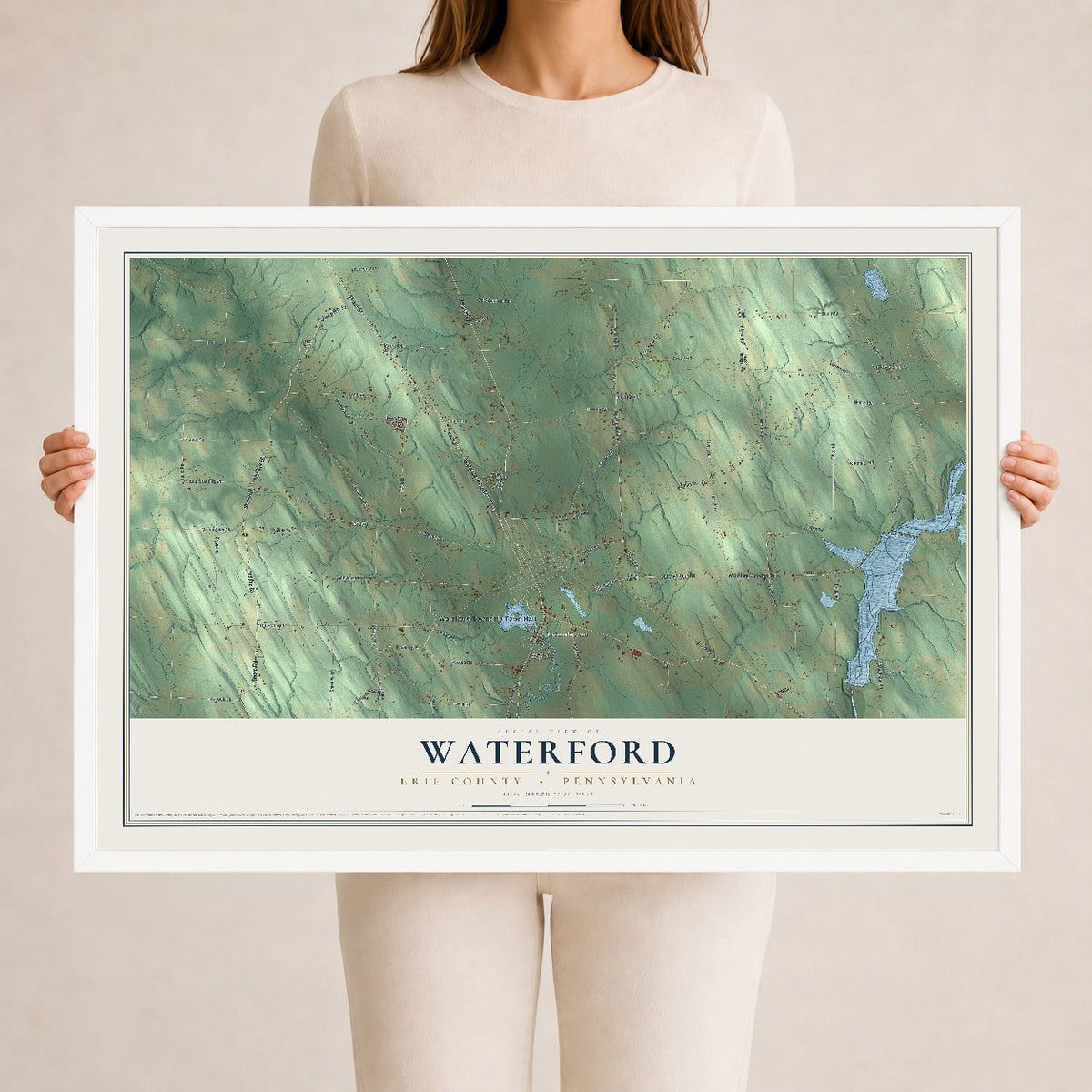 Map of Waterford, Erie County, Pennsylvania, 24 x 36 inch print in a white wood frame