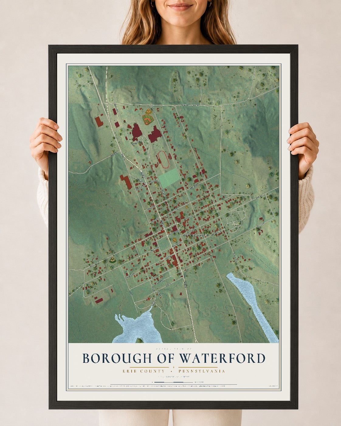 Map of the Borough of Waterford, Erie County, Pennsylvania, 24 x 36 inch print in a black wood frame
