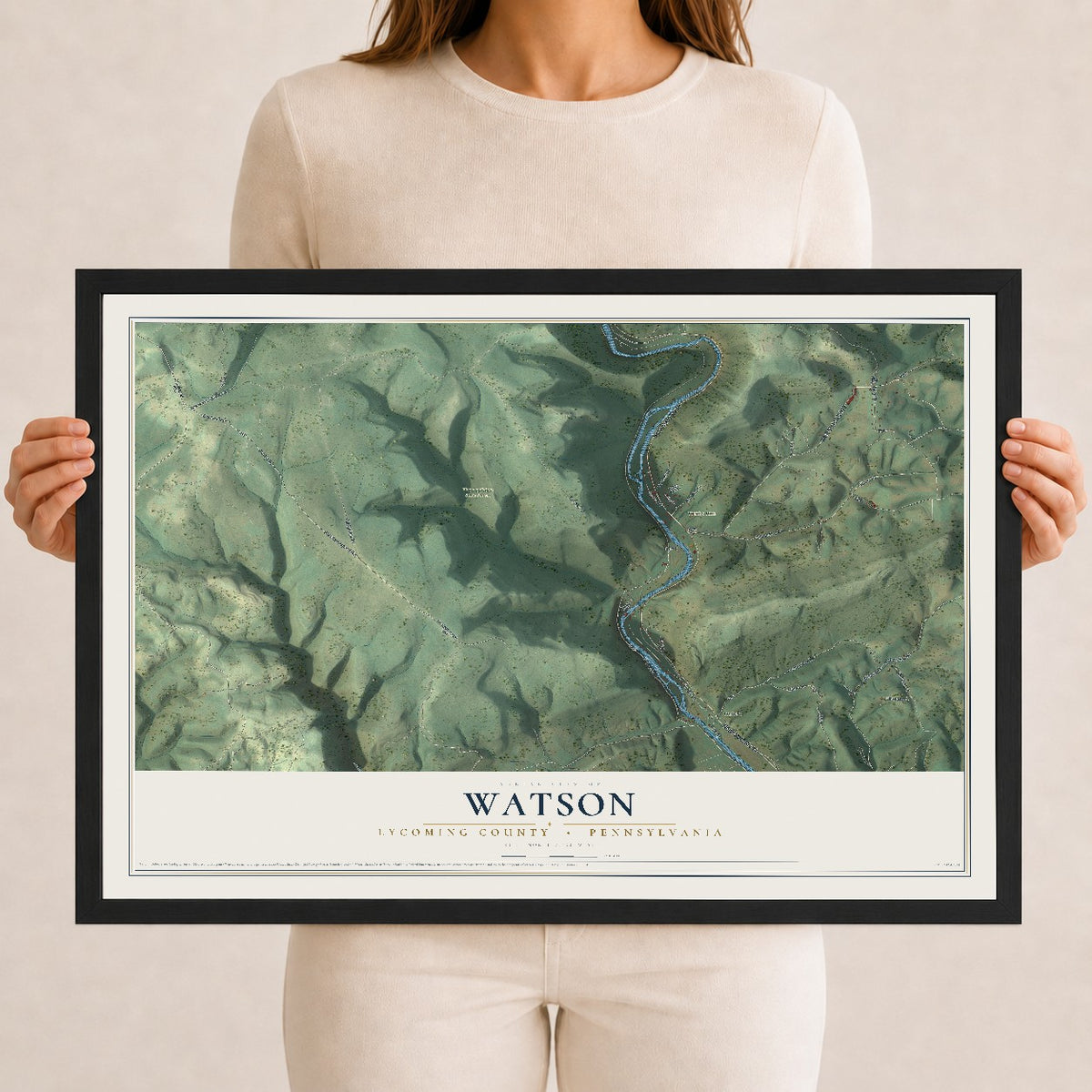 Map of Watson, Lycoming County, Pennsylvania, 12 x 18 inch print in a black wood frame