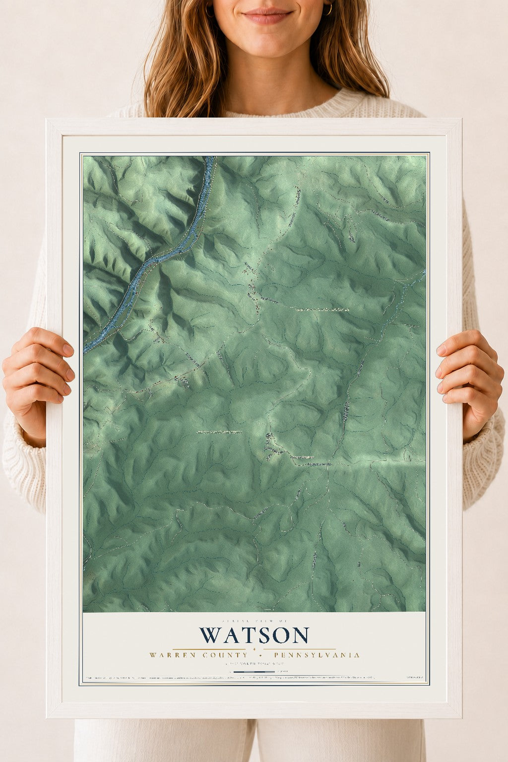 Map of Watson, Warren County, Pennsylvania, 18 x 24 inch print in a white wood frame