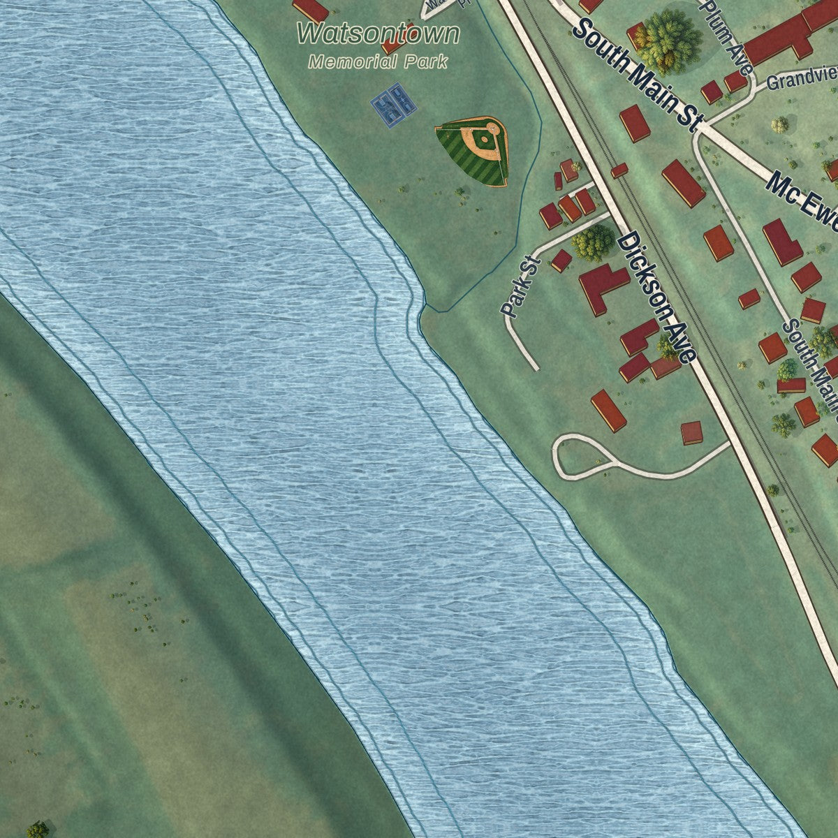 Second close-up of the map of Watsontown, Pennsylvania print showing more streets and buildings