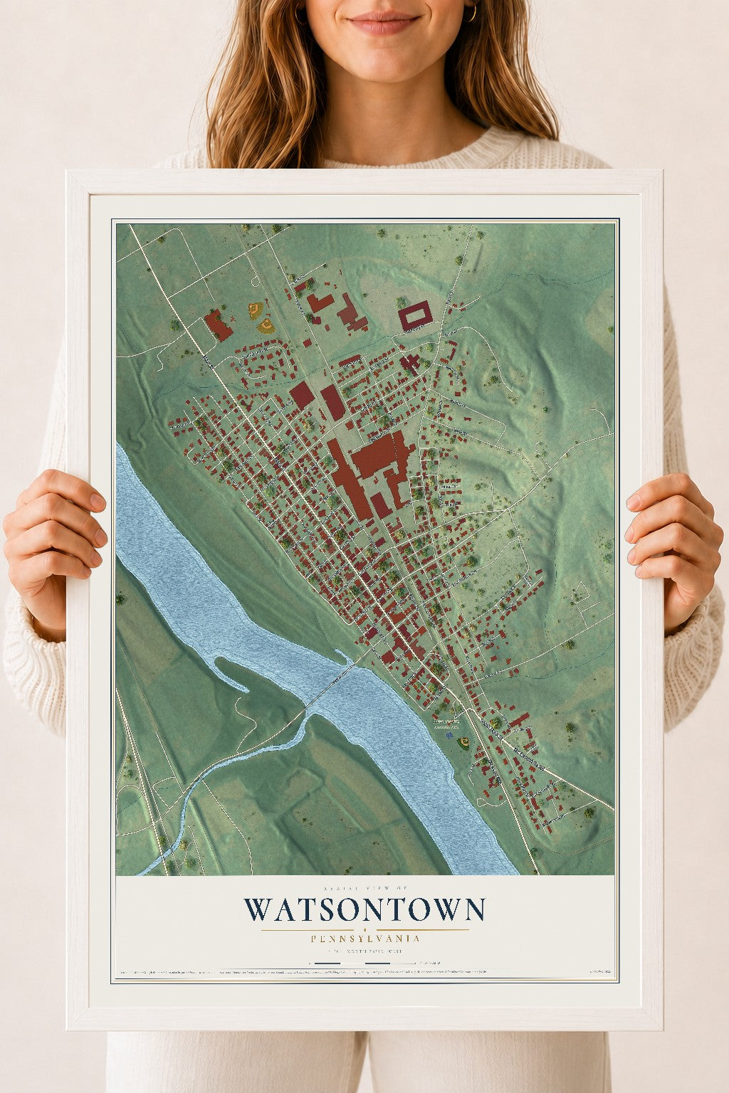 Map of Watsontown, Pennsylvania, 18 x 24 inch print in a white wood frame