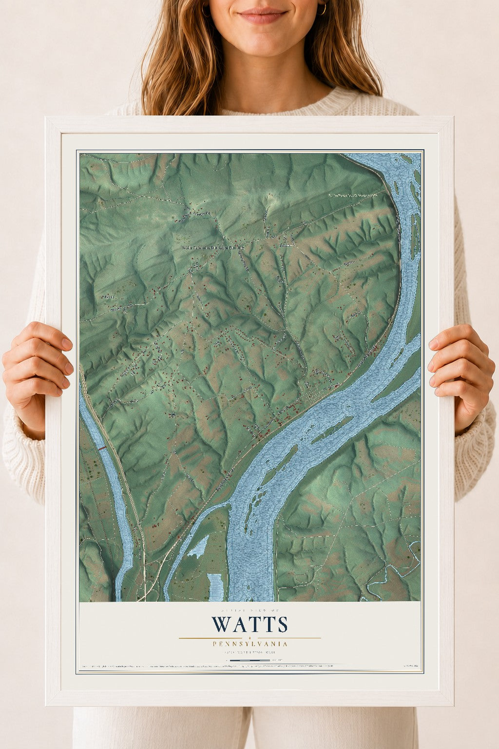 Map of Watts, Pennsylvania, 18 x 24 inch print in a white wood frame