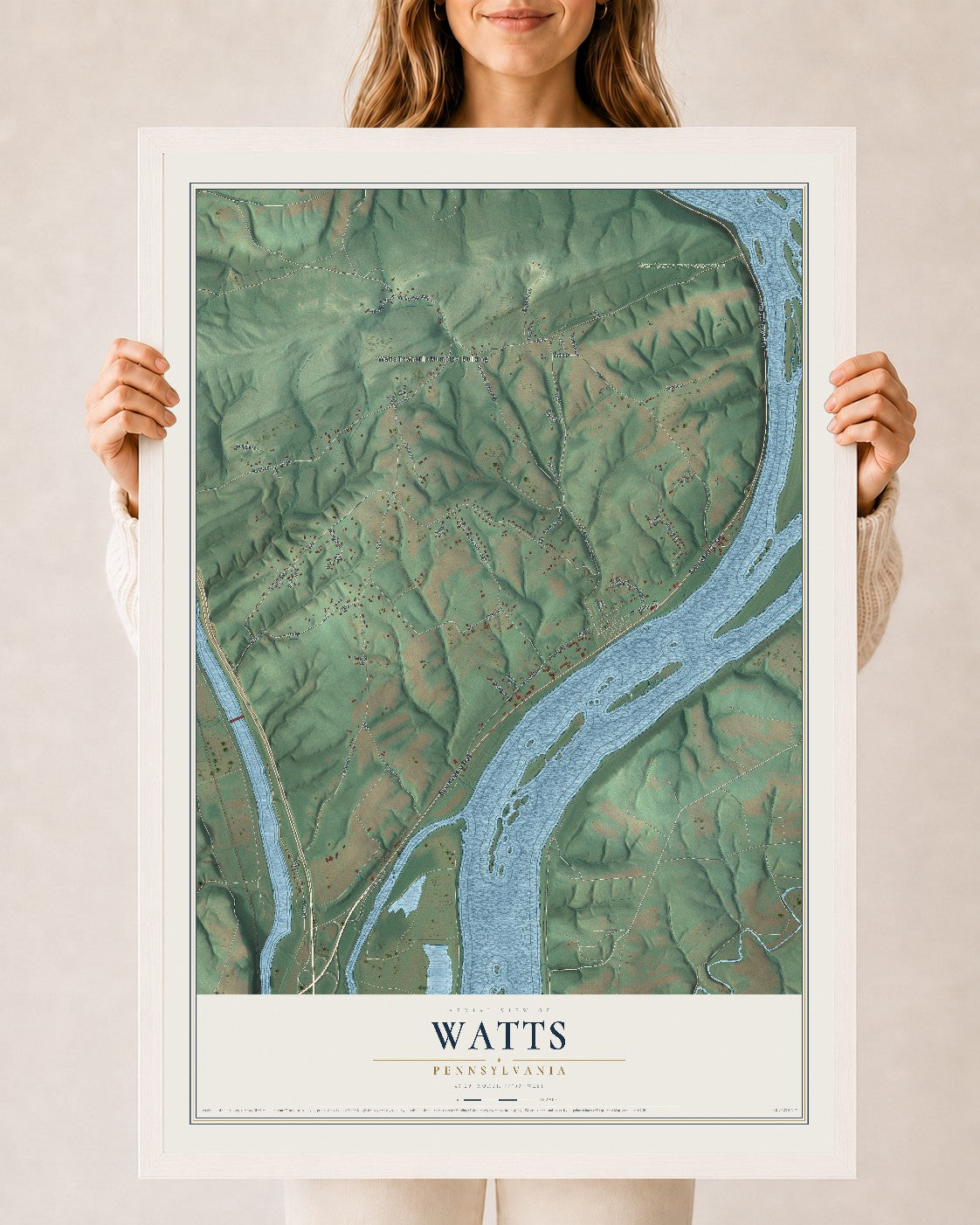 Map of Watts, Pennsylvania, 24 x 36 inch print in a white wood frame