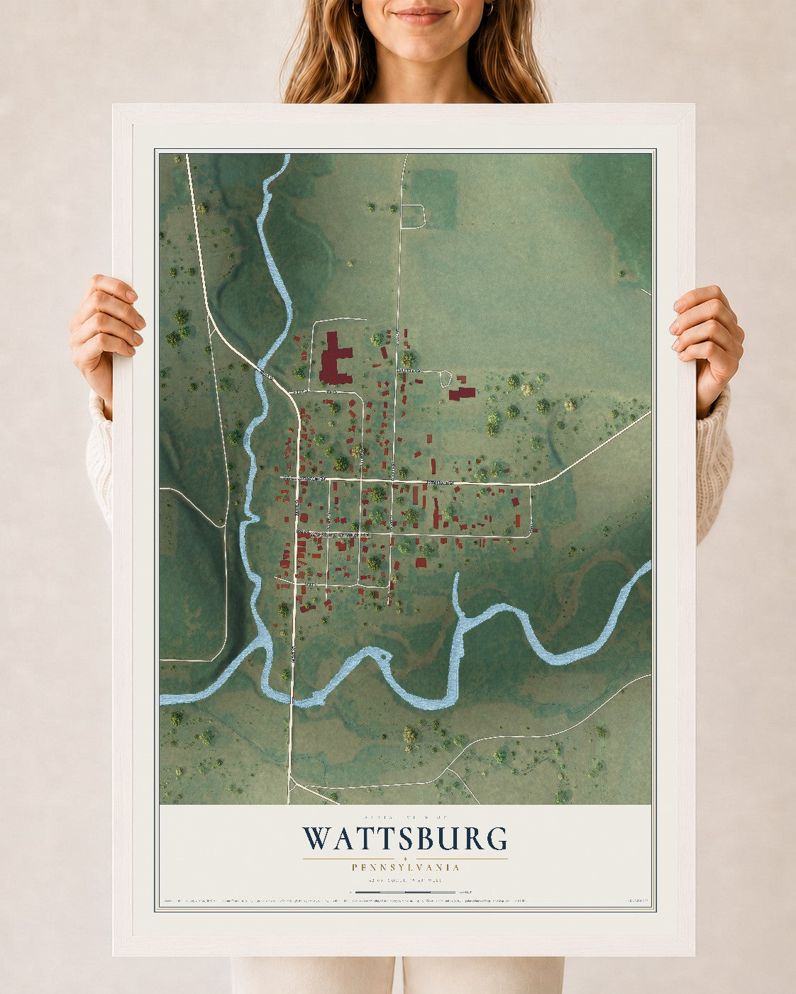 Map of Wattsburg, Pennsylvania, 24 x 36 inch print in a white wood frame