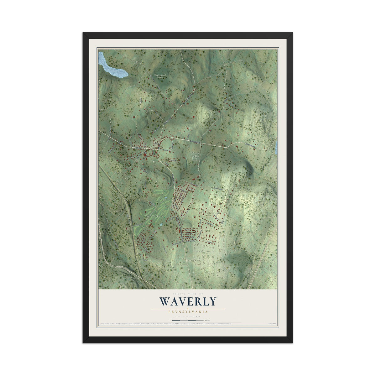 Map of Waverly, Pennsylvania, 12 x 18 inch print in a black wood frame