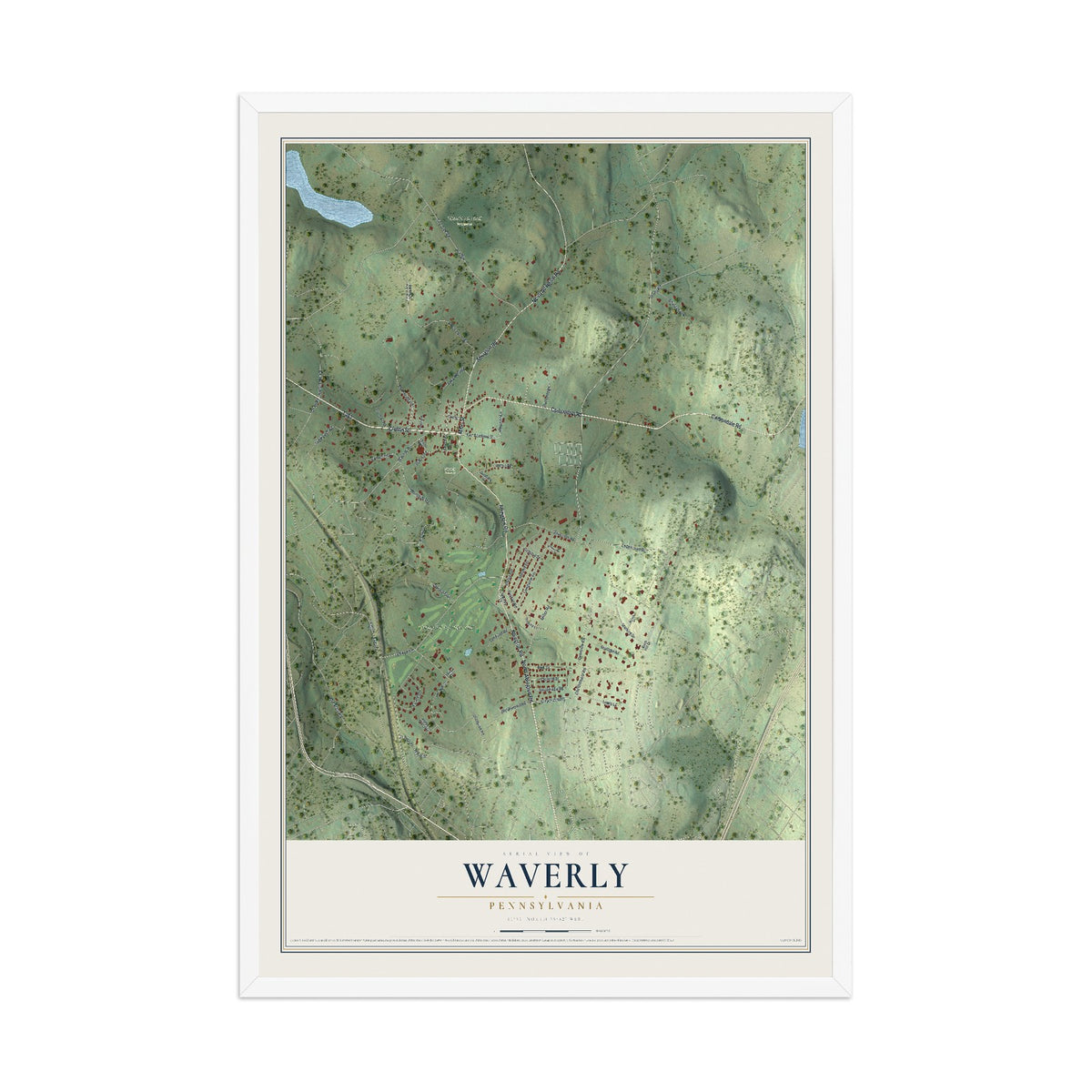 Map of Waverly, Pennsylvania, 12 x 18 inch print in a white wood frame
