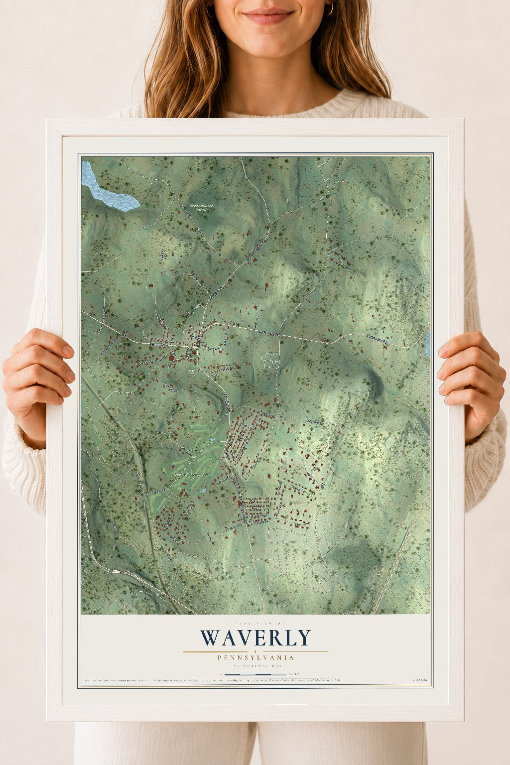 Map of Waverly, Pennsylvania, 18 x 24 inch print in a white wood frame