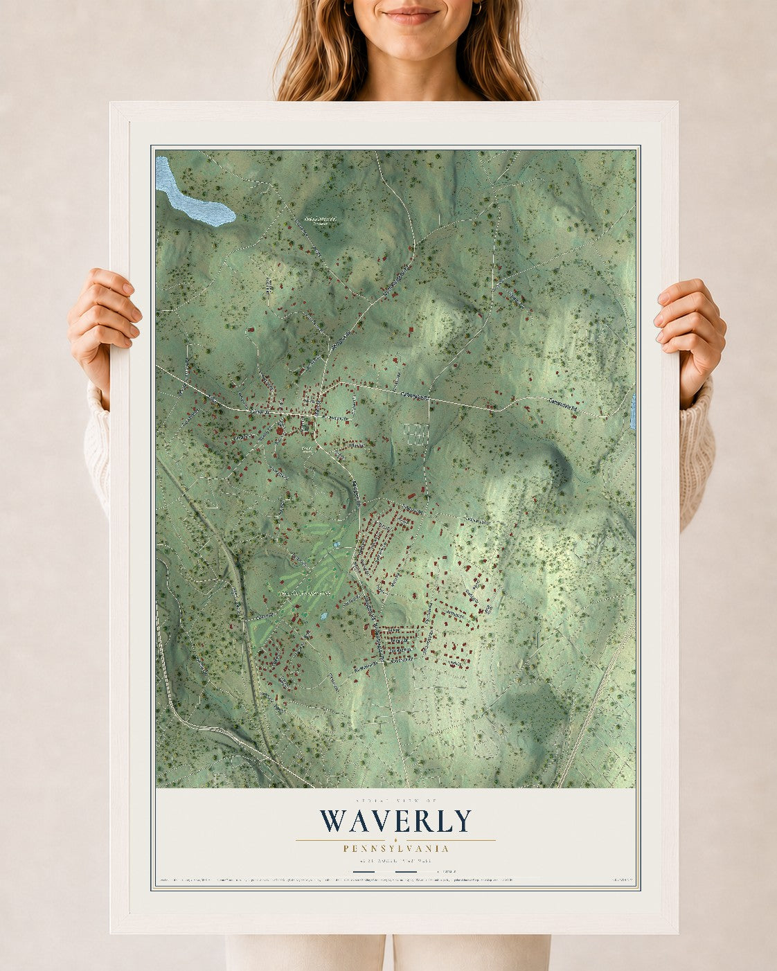 Map of Waverly, Pennsylvania, 24 x 36 inch print in a white wood frame