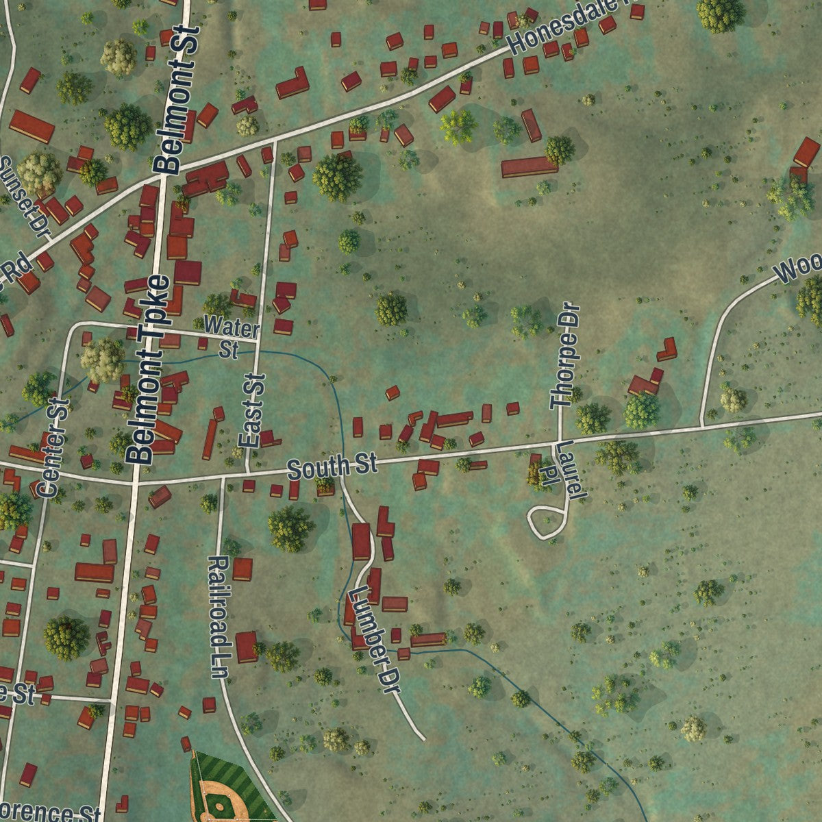 Close-up of the map of Waymart, Pennsylvania print showing street and building detail