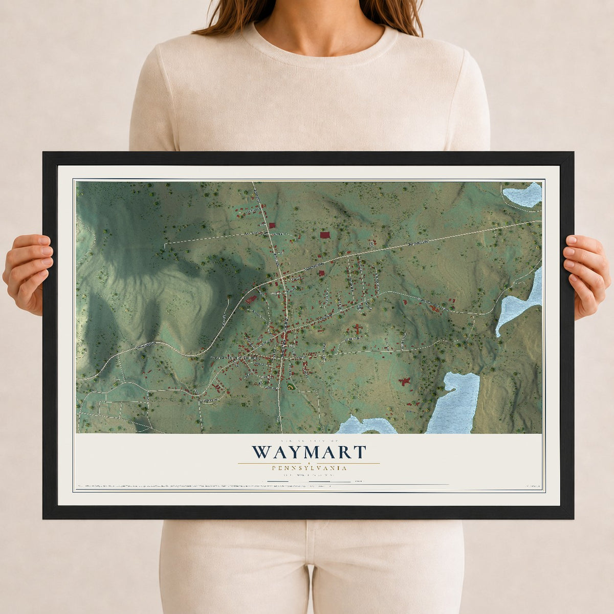 Map of Waymart, Pennsylvania, 12 x 18 inch print in a black wood frame