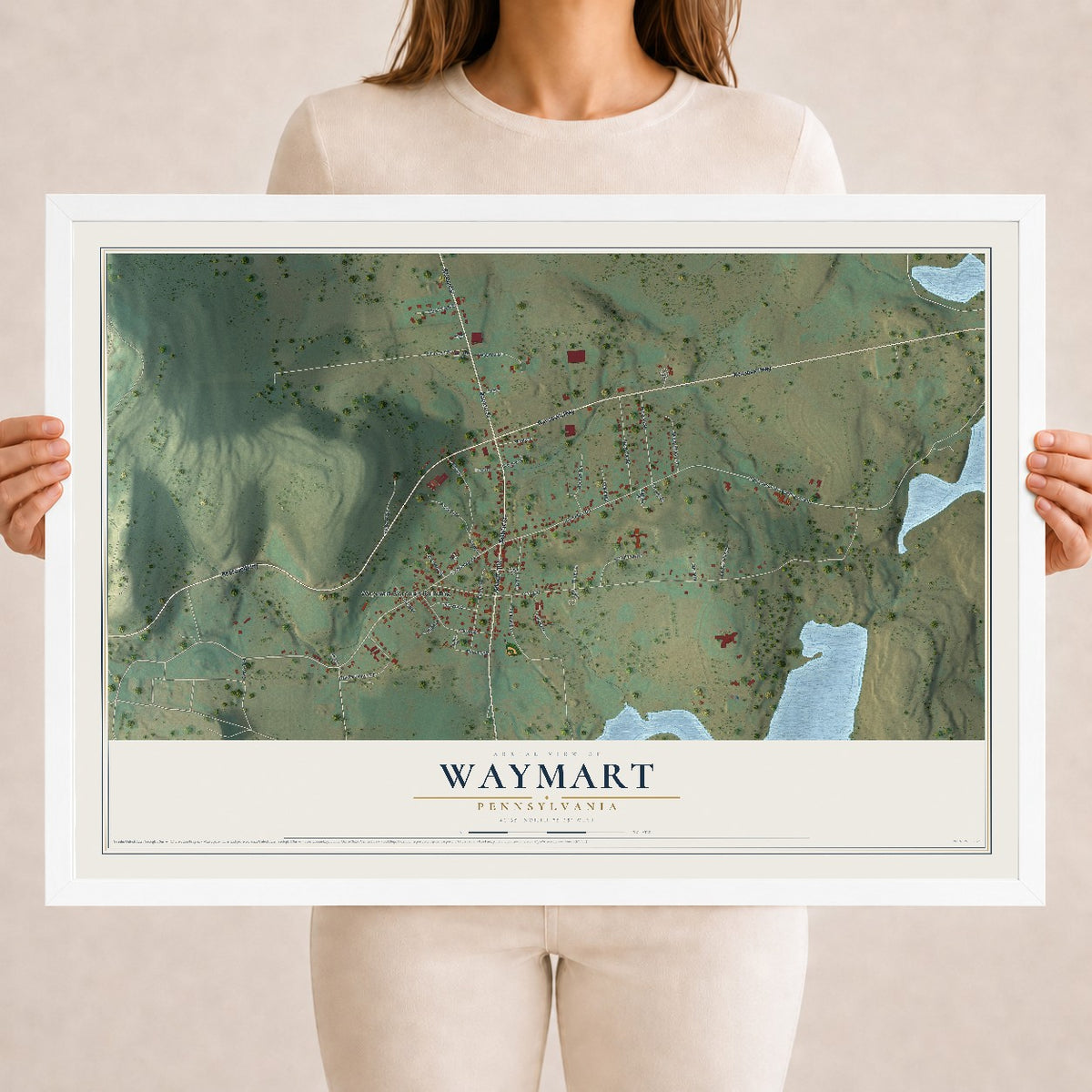 Map of Waymart, Pennsylvania, 18 x 24 inch print in a white wood frame