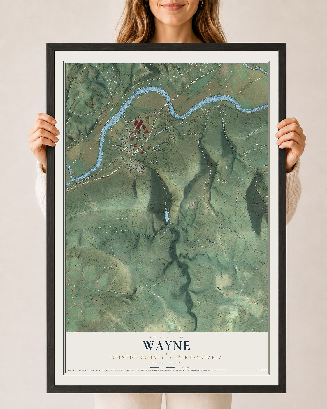 Map of Wayne, Clinton County, Pennsylvania, 24 x 36 inch print in a black wood frame