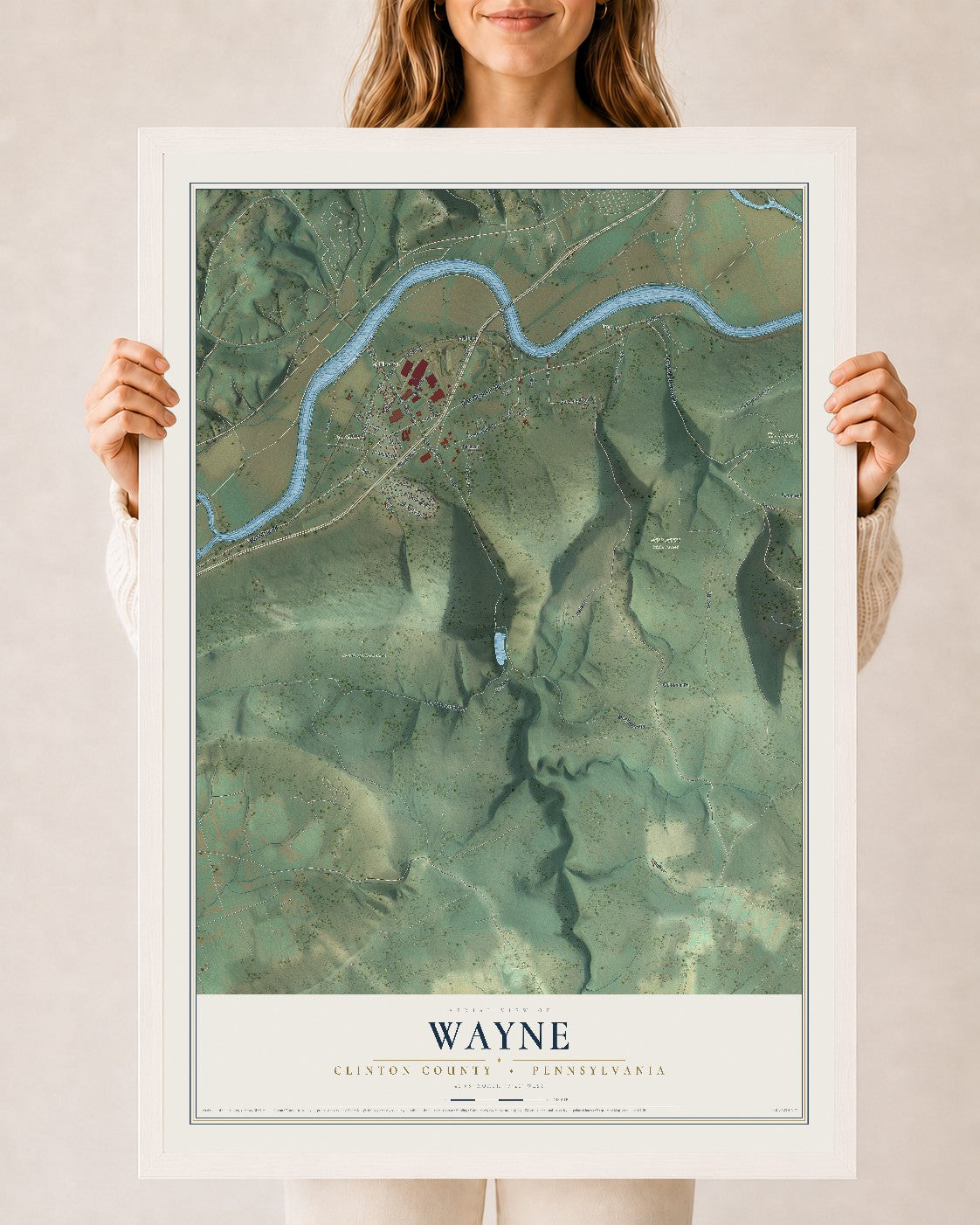 Map of Wayne, Clinton County, Pennsylvania, 24 x 36 inch print in a white wood frame