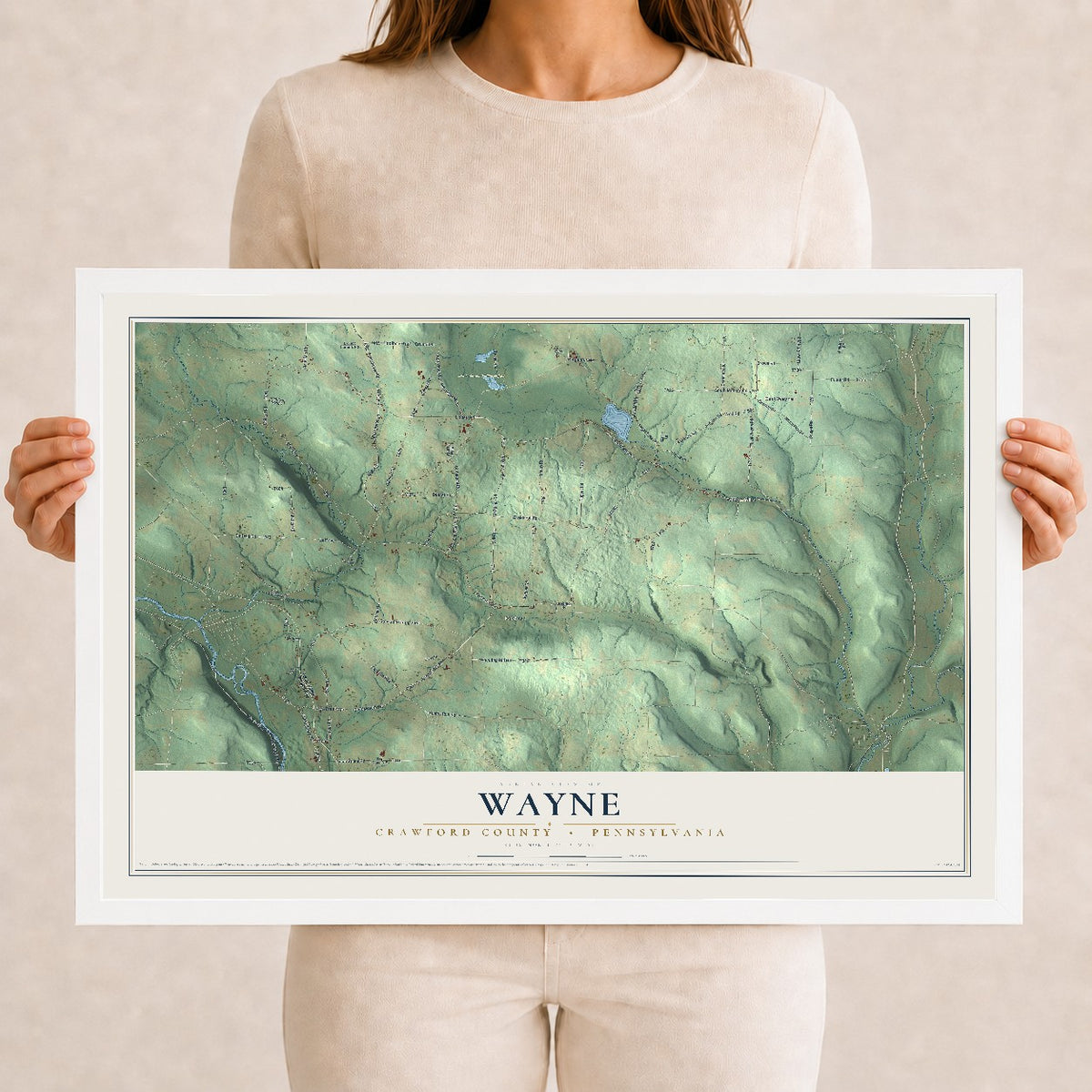 Map of Wayne, Crawford County, Pennsylvania, 12 x 18 inch print in a white wood frame