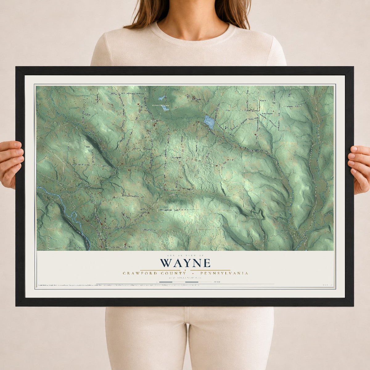 Map of Wayne, Crawford County, Pennsylvania, 18 x 24 inch print in a black wood frame