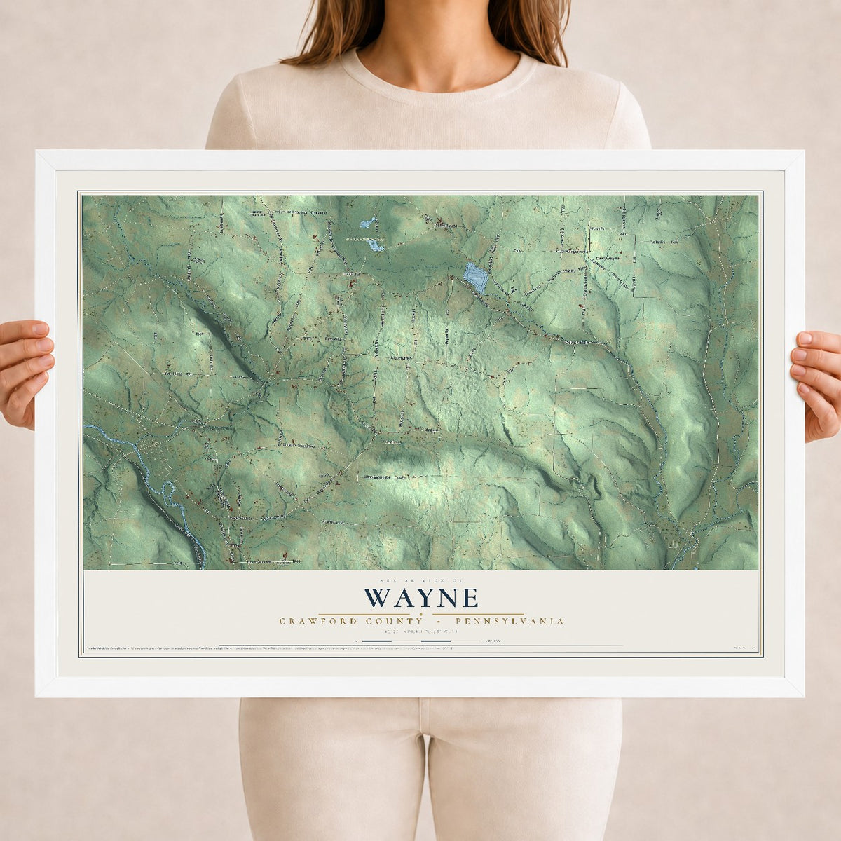 Map of Wayne, Crawford County, Pennsylvania, 18 x 24 inch print in a white wood frame