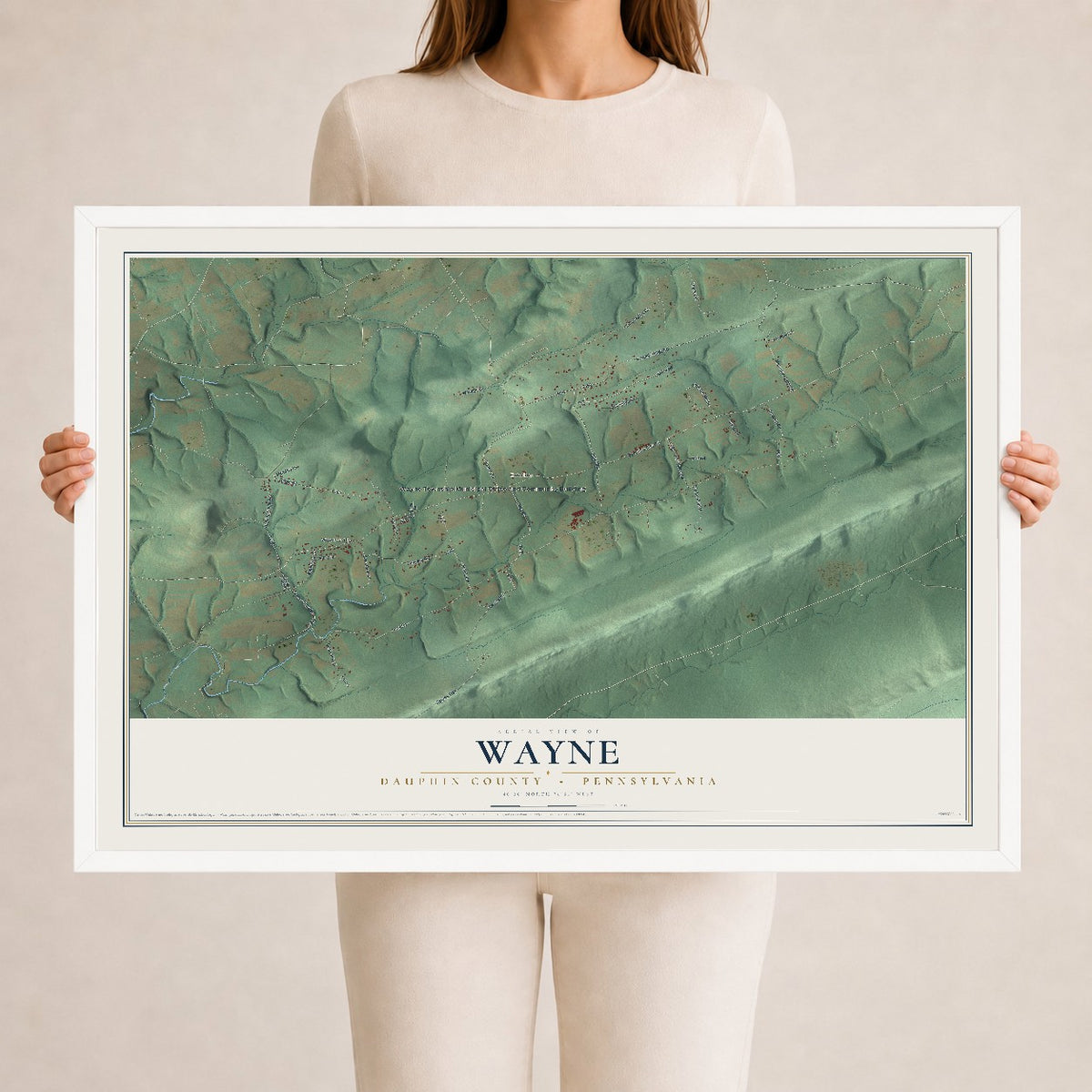 Map of Wayne, Dauphin County, Pennsylvania, 24 x 36 inch print in a white wood frame