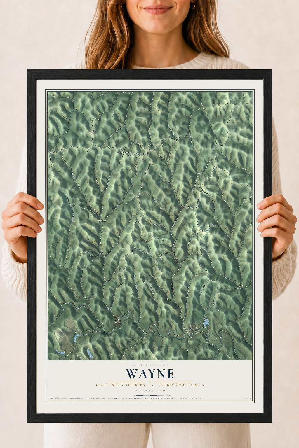 Map of Wayne, Greene County, Pennsylvania, 18 x 24 inch print in a black wood frame