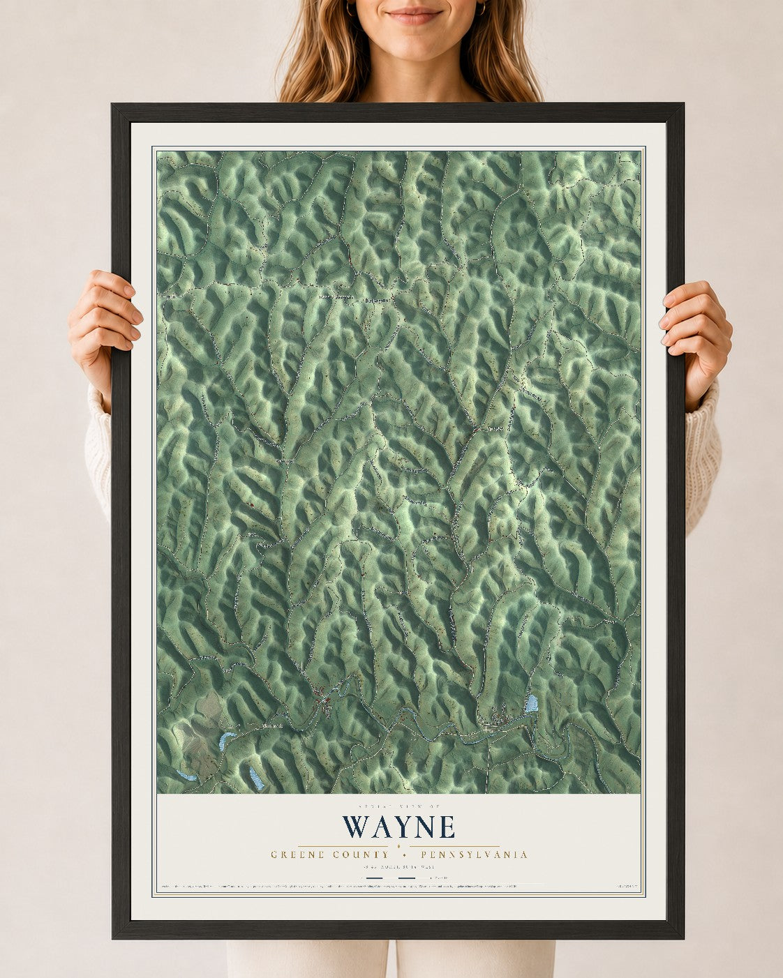 Map of Wayne, Greene County, Pennsylvania, 24 x 36 inch print in a black wood frame