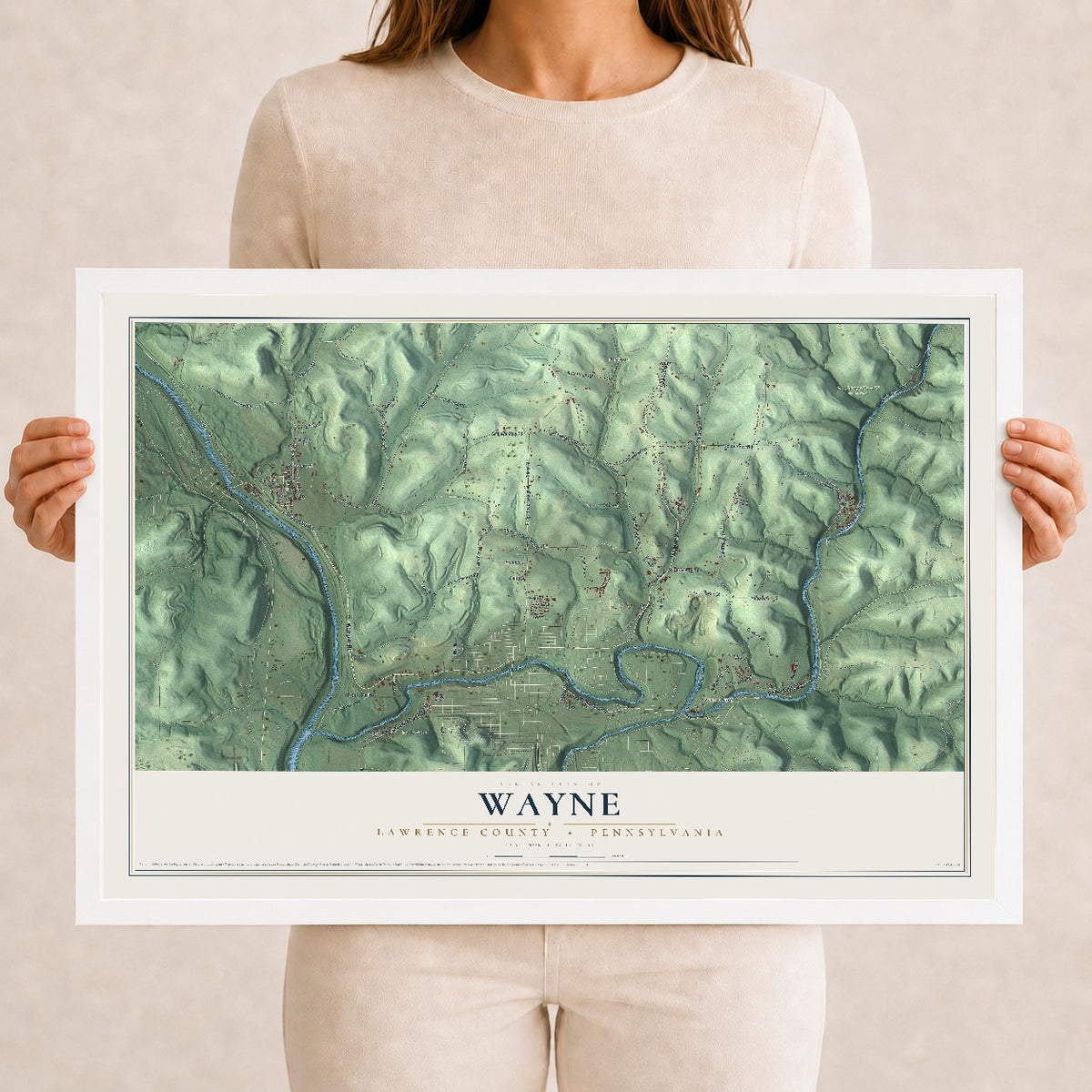 Map of Wayne, Lawrence County, Pennsylvania, 12 x 18 inch print in a white wood frame