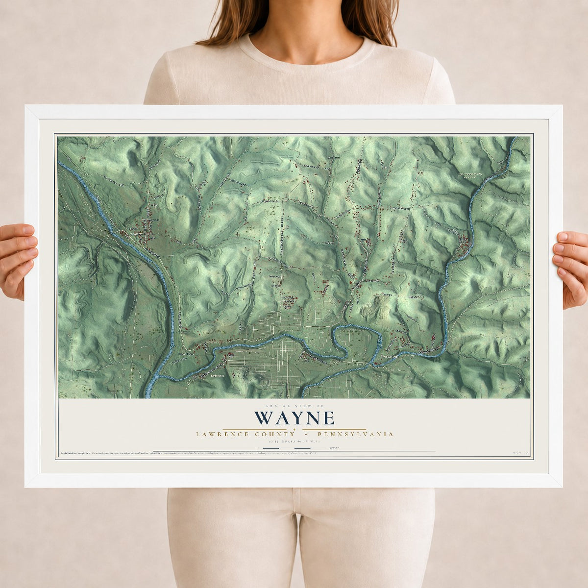 Map of Wayne, Lawrence County, Pennsylvania, 18 x 24 inch print in a white wood frame